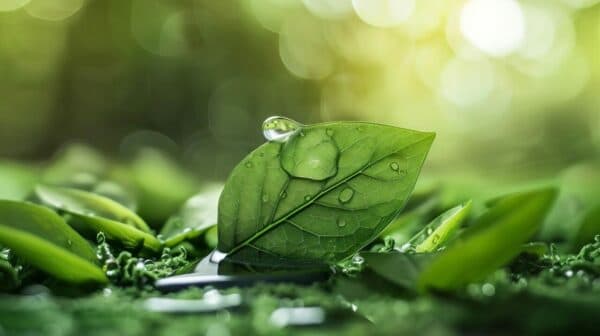 An ecofriendly icon designed with a leaf and a water droplet, representing sustainability and environmental care