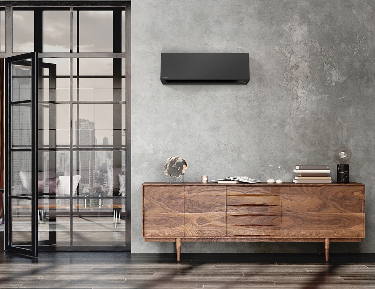 Living room interior in loft, industrial style, 3d render