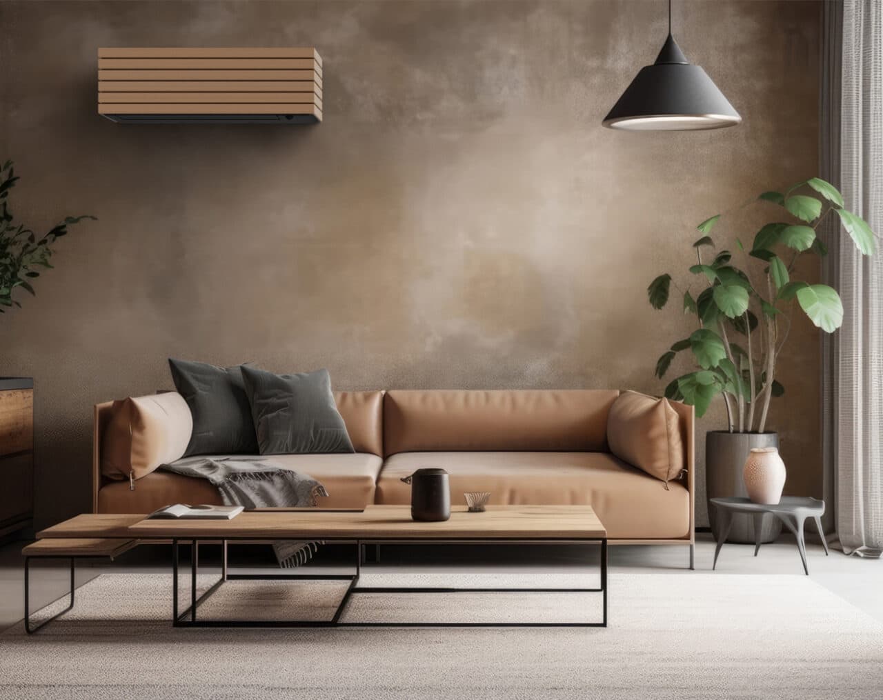 White minimalist living room interior with sofa on a wooden floo